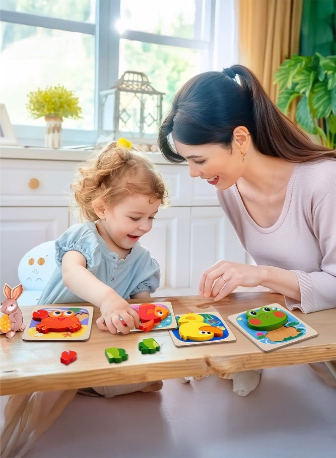 SHABILI Wooden Puzzles for Toddlers Ages 3+, 3D Chunky Animal Puzzle Set with Large Stand-Up Pieces and Smooth Rounded Edges, Montessori Toy for Color & Shape Recognition and Fine Motor Skills, Fish Frog Duck Crab 4 Pack Gifts - Image 3